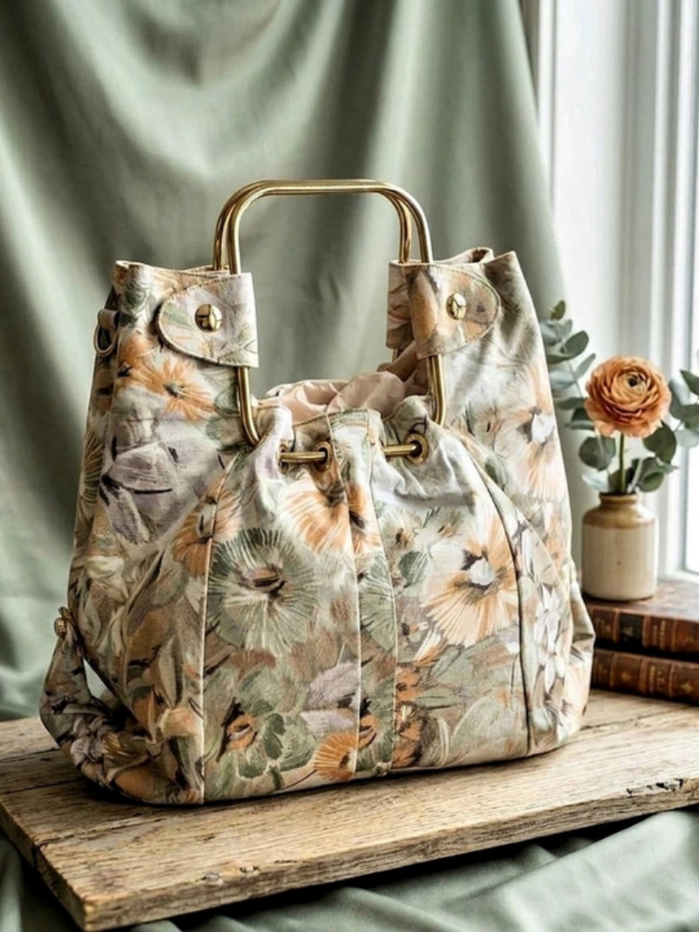 M & A Handbags La Belle Floral Leather Bag in Beige & Green